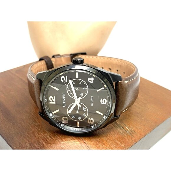 Citizen Men's Watch AO9028-07E Eco-Drive Black Dial Brown Leather Strap 43mm - Picture 9 of 15